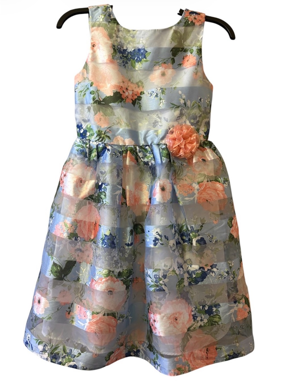 Floral Organza Girls' Dress with Peach Flower Accent - Blue & Peach